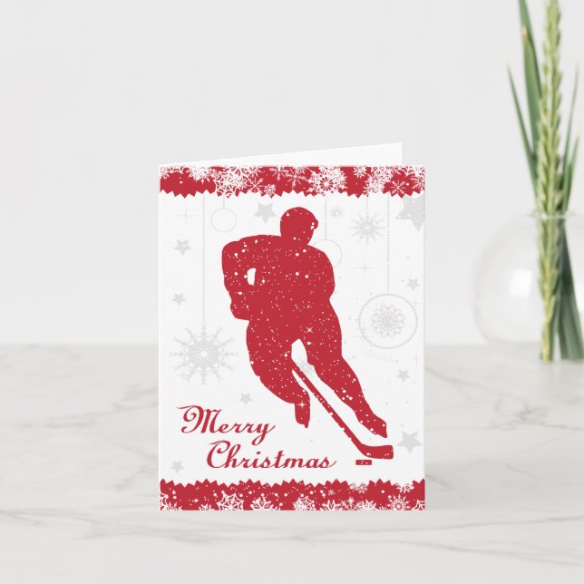 Carte masculine de hockey de Noël Red Snowflakes (Devant)