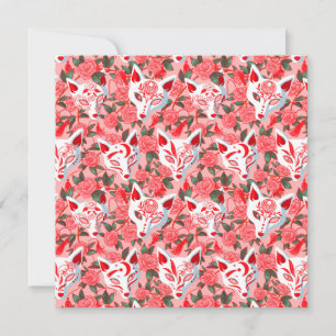 Carte Masques Kitsune et camélia fleurie sur rose