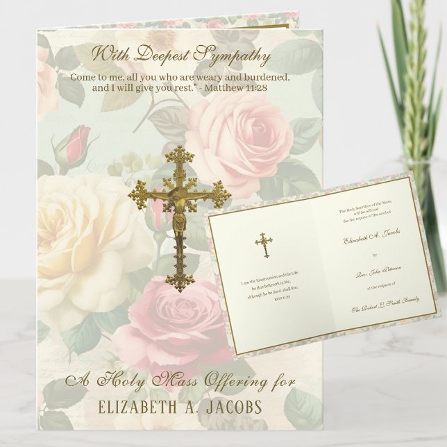 Carte Masse De Sympathie Catholique Offrant Des Roses Cr (TRADITIONAL CATHOLIC FUNERAL SYMPATHY MASS OFFERING CARD WITH SCRIPTURE AND ROSES AND CRUCIFIX)