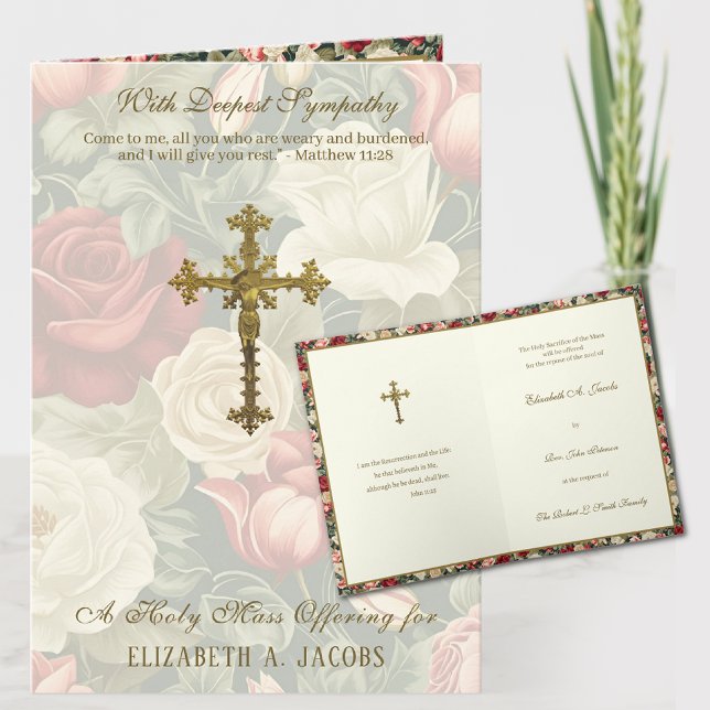 Carte Masse De Sympathie Catholique Offrant Des Roses Cr (TRADITIONAL CATHOLIC SYMPATHY MASS OFFERING CARD WITH SCRIPTURE AND CRUCIFIX)