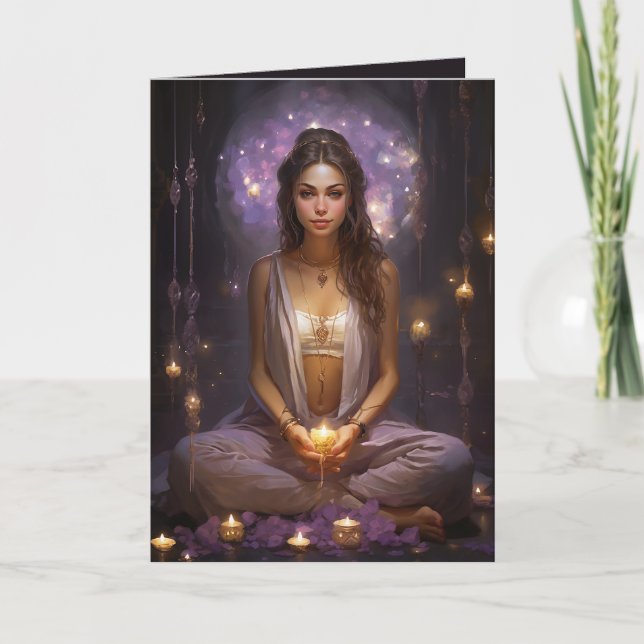 Carte Méditer Yoga Girl, Cristaux Améthyste Anniversaire (Devant)