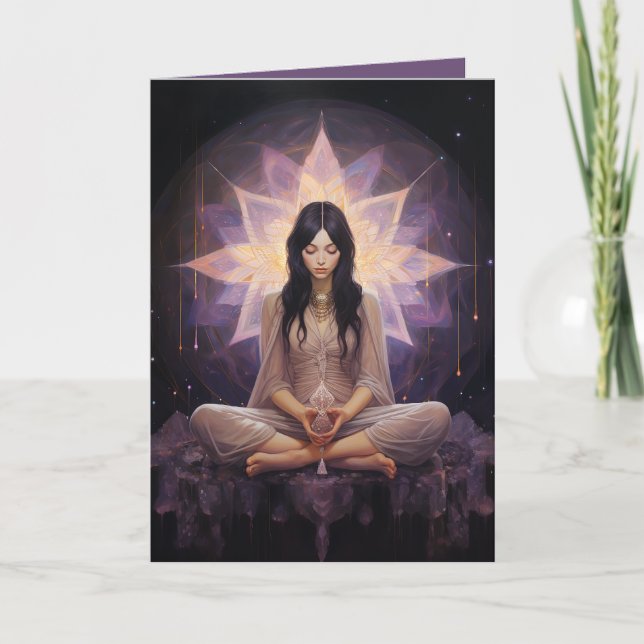 Carte Méditer Yoga Girl, Cristaux Améthyste Anniversaire (Devant)