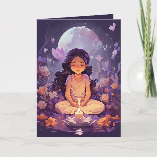 Carte Méditer Yoga Girl Crystal Purple Lotus Anniversair (Devant)