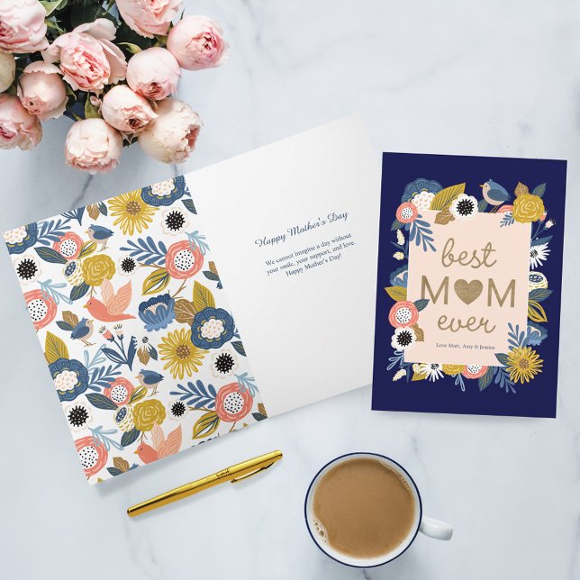 Carte Meilleure Maman Oiseaux et cadre botanique floral (Best Mom Ever Birds & Floral Botanical Frame Card)