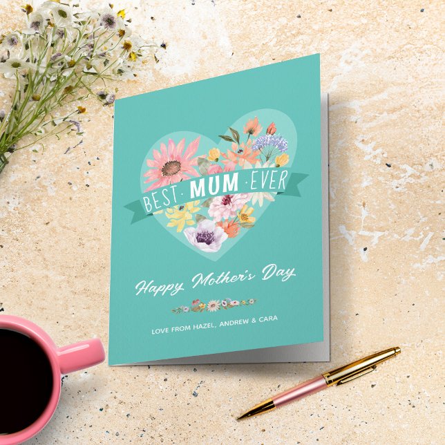 Carte Meilleure mère toujours Fleur sauvage Coeur Photo  (Best Mum Ever Wildflowers Heart Photo Mother's Day Card (Front))