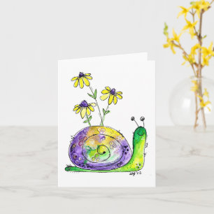 Carte Mélange Whimsical Happy Snail avec Fleurs Jaunes