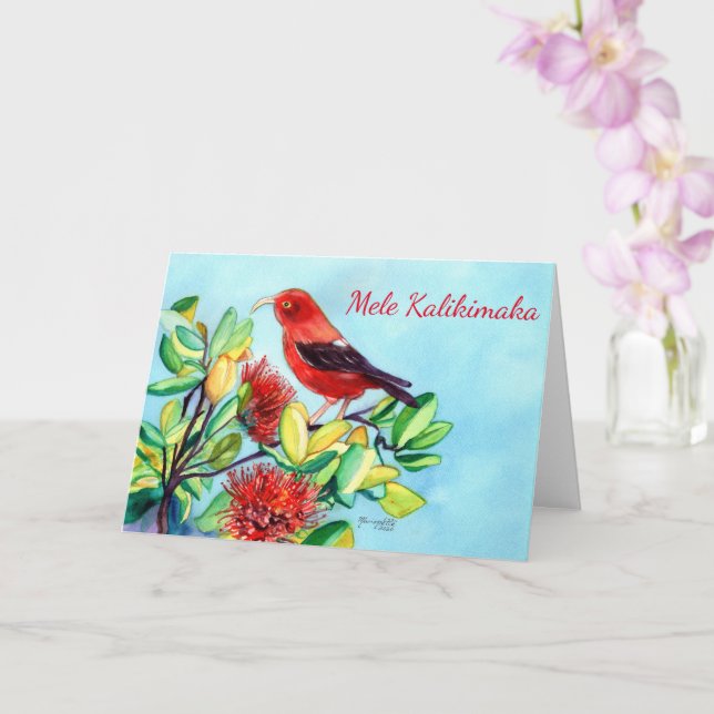 Carte Mele Kalikimaka Iiwi Bird and Ohia Lehua Flower (Orchidée)