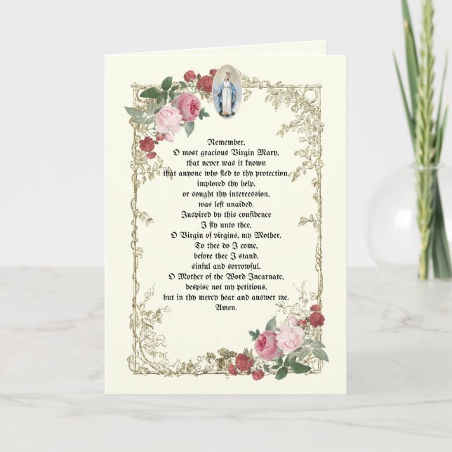 Carte Mémoire catholique Vierge Marie Prière Roses roses (Devant)