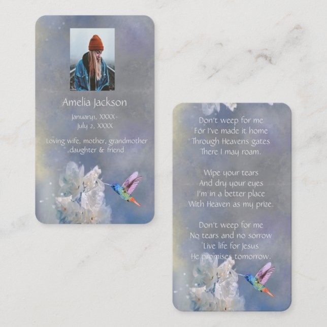 Carte mémoire Mémorial Fleurs blanches colibris (Devant / Derrière)