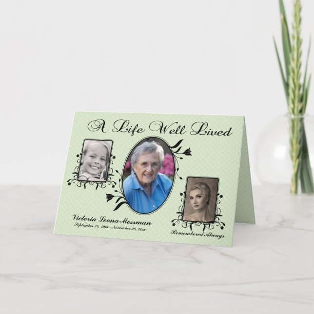Carte Mémorial Damask Verte avec plusieurs photos (Devant)