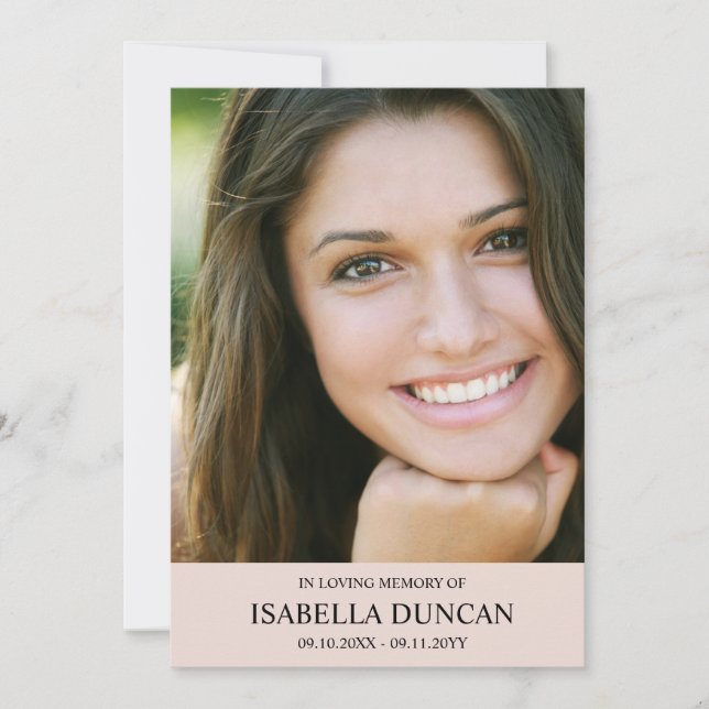 Carte Mémorial Funéraire | Rose pâle | Photo en souvenir (Devant)