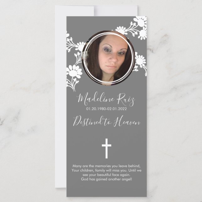 Carte Memorial Funeral Cross Photo Floral Motif (Devant)