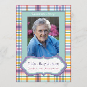 Carte Mémorial Plaid violet et vert avec photo