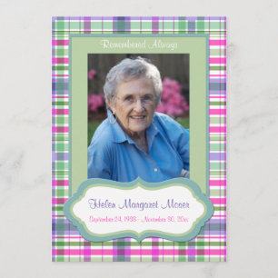 Carte Mémorial rose et vert plaid avec photo