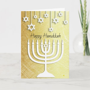 Carte Menorah dorée et blanche, Joyeux Hanouka