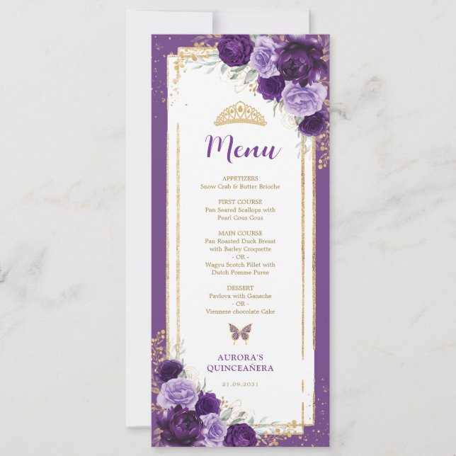 Carte Menu Anniversaire Florale Lilac Quinceanera (Devant)
