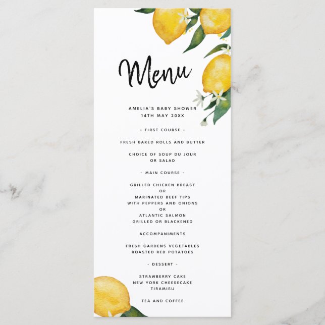 Carte menu Baby shower citron (Devant)
