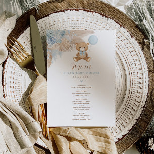 Carte menu Baby shower de l'ours en peluche bleu B