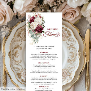 Carte menu Boho burgundy white gold floral mariage