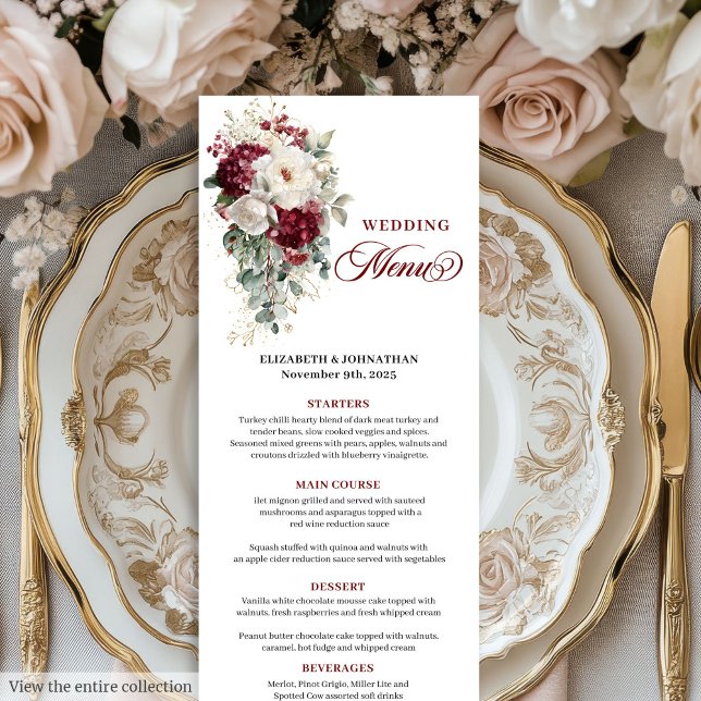 Carte menu Boho marsala blanc or floral mariage (Boho marsala white gold floral wedding menu card

)