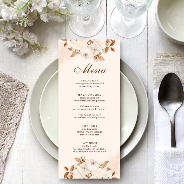 Carte menu Boho Terracotta Floral Mariage (Boho Terracotta Floral Wedding Menu Card on a boho white wedding table.)