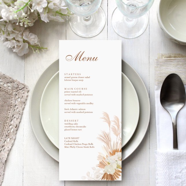 Carte menu Boho Terracotta Pampas Grass Orchid (Boho Terracotta Pampas Grass Orchid Menu Card on a boho white wedding dinner table.)