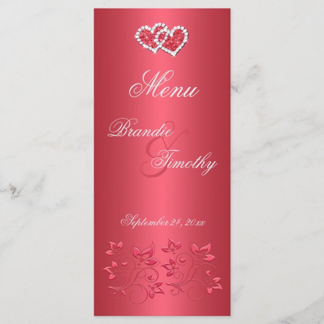 Carte menu Coral Rose and Grey Floral Hearts (Devant)