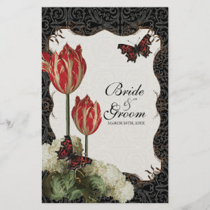 Carte Menu Dîner - Noir n Crème Rouge Tulip Damask