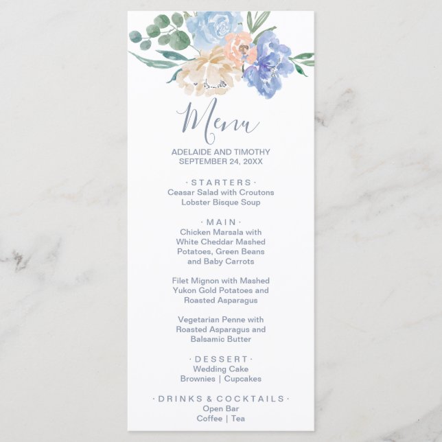 Carte menu du dîner Dusty Blue Florals (Devant)