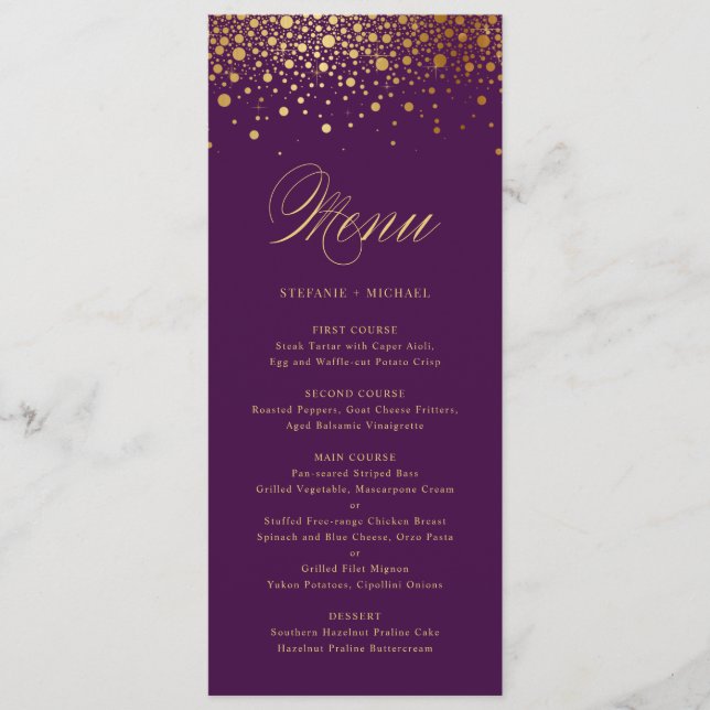 Carte menu Faux Gold Foil Confetti Élégante Purple (Devant)