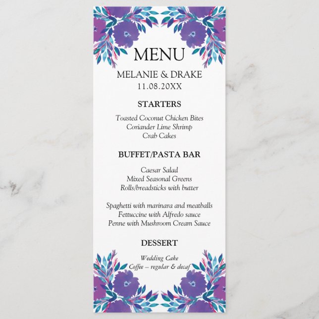 Carte Menu Fleurs violettes peinte à la main (Devant)