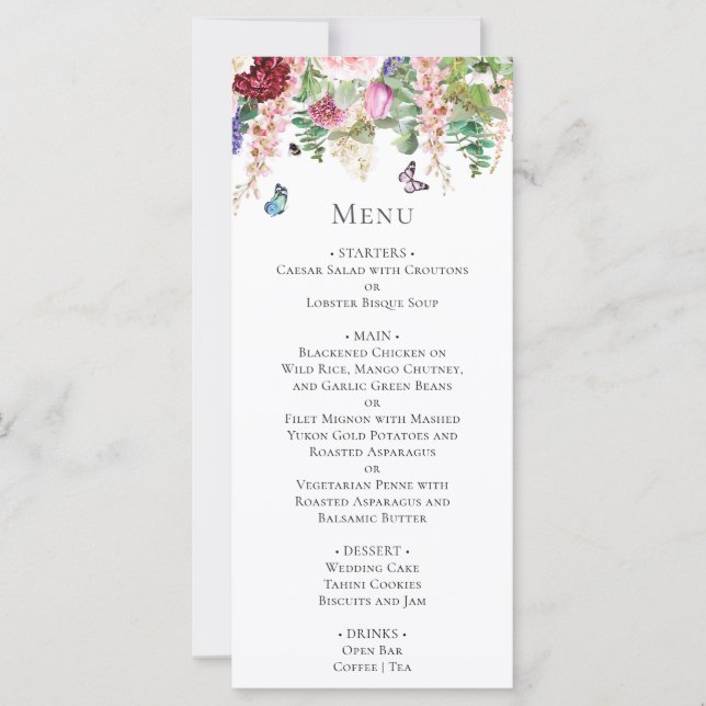 Carte menu Fleurs violettes roses avec papillons (Devant)