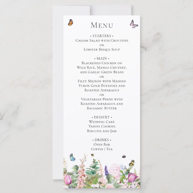 Carte menu Fleurs violettes roses avec papillons (Devant)