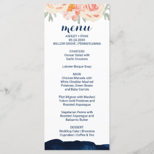 Carte menu Floral Peach and Navy Watercolor Dinner