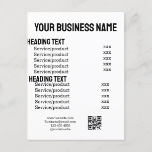 Carte menu liste de prix des produits de services 