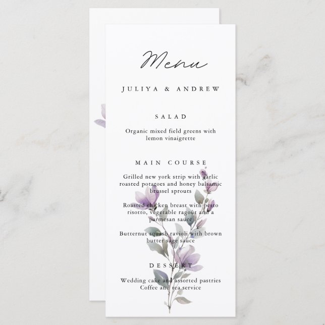Carte Menu Mariage à script floral simple (Devant / Derrière)
