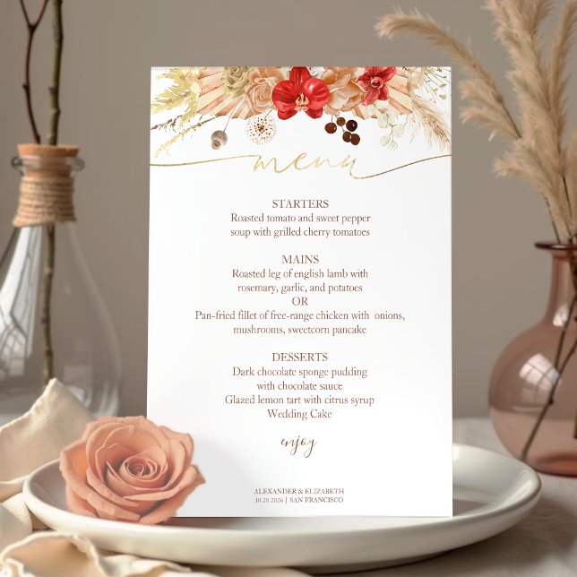 Carte Menu mariage Aquarelle dorée Boho Floral (Créateur téléchargé)