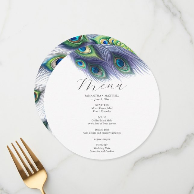 Carte menu mariage Aquarelle Peacock (Devant/Arrière en situation)