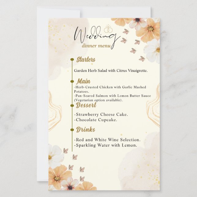 Carte menu mariage avec design floral crème (Devant)
