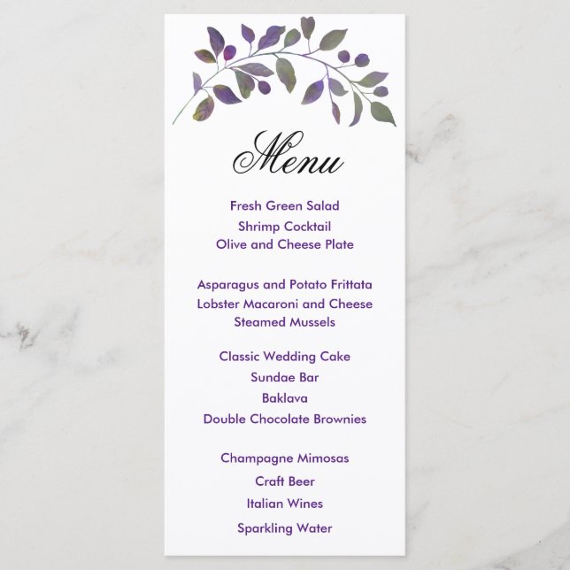Carte Menu Mariage d'aquarelle pourpre (Devant)