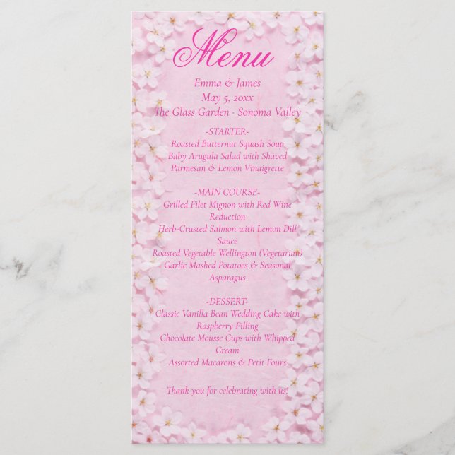 Carte menu Mariage Fleur de cerisier rose (Devant)