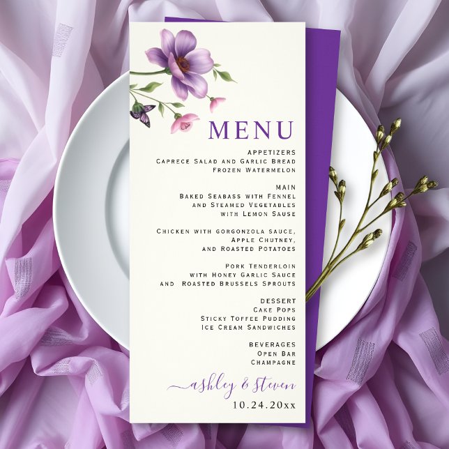 Carte menu mariage fleurs violettes et roses (Créateur téléchargé)