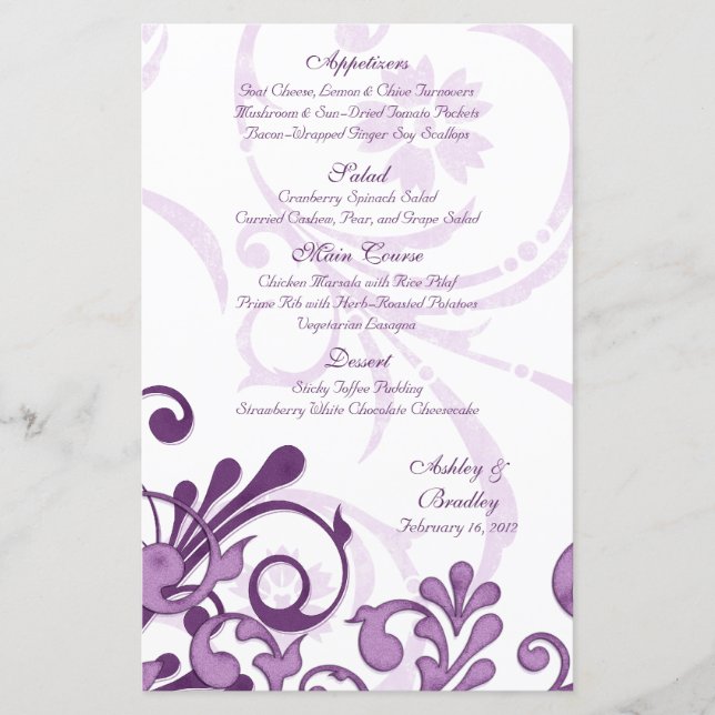 Carte menu Mariage floral violet et blanc (Devant)