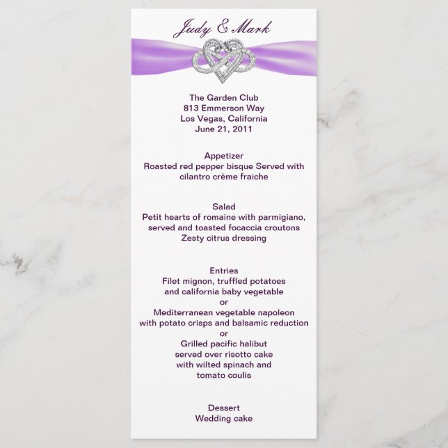Carte Menu Mariage Purple Infinity Heart (Devant)