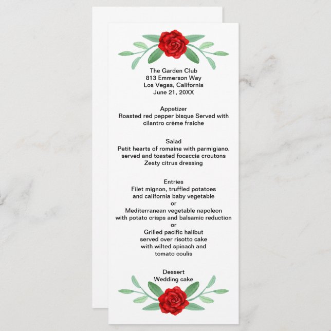 Carte menu Mariage Red Floral Greenery Foliage (Devant / Derrière)