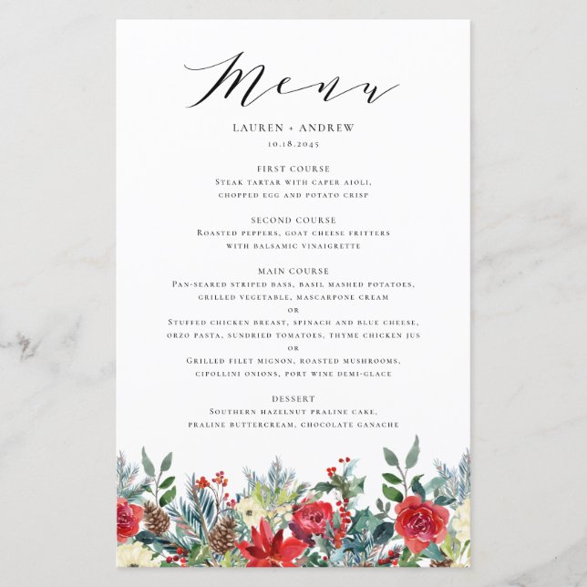 Carte menu Mariage Watercolor Winter Blooms Garlan (Devant)