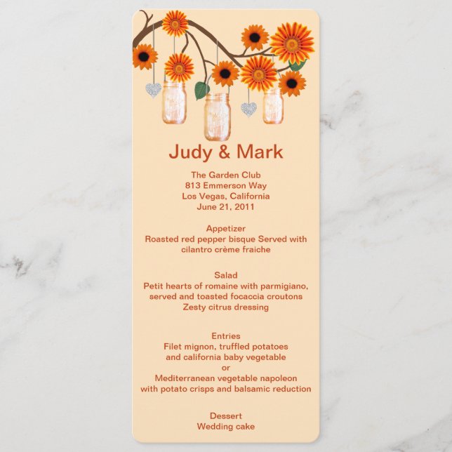 Carte menu Mason Jars aux fleurs orange (Devant)