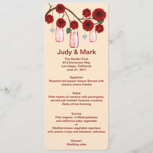Carte Menu Mason Jars Fleurs Rouges (Devant)
