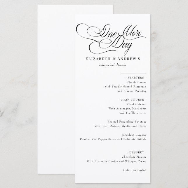 Carte Menu | Menu du dîner de répétition Mariage (Devant / Derrière)