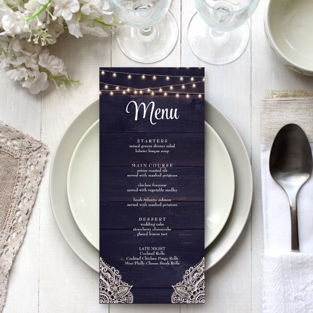 Carte menu Midnight Blue Rustic Elegance (Midnight Blue Rustic Elegance Menu Card on a white wedding table.)